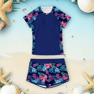 Girls Beach Tropical Short Sleeve Rash Guard Shorts 2Pc Swimsuit Set size 14 T